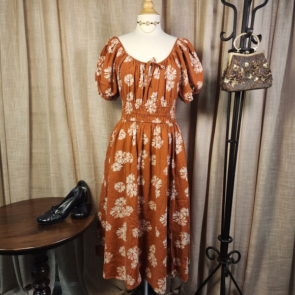 Madewell Dresses & Skirts - Madewell XL Linen Blend Floral Dress Puff Sleeve Smocked Waist Cottagecore
